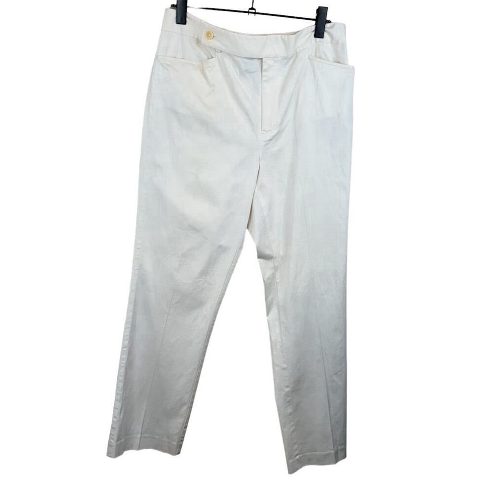 Lauren Ralph Size 12 White Straight-Leg Pants Casual Flat Front Pockets